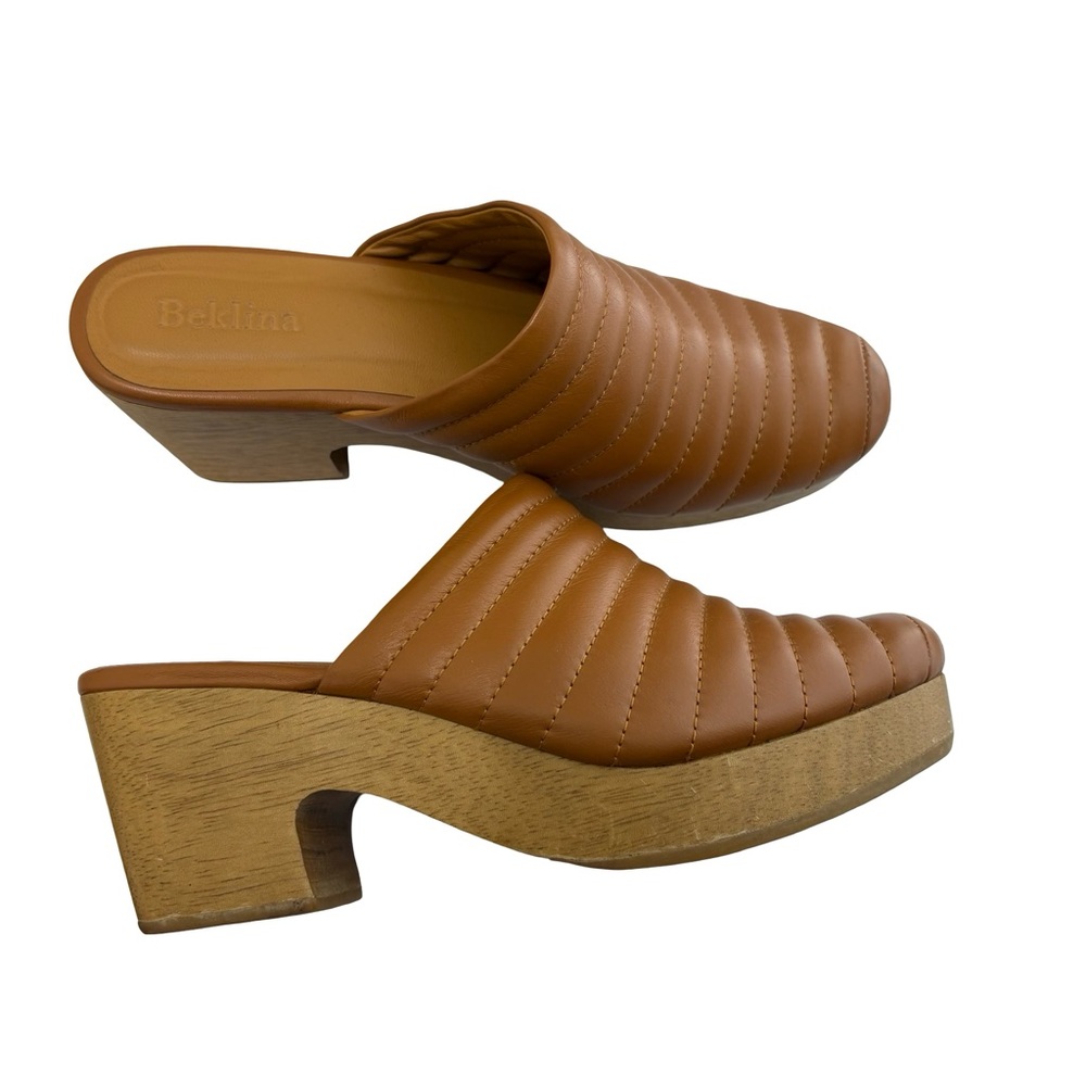 Beklina Ribbed Clogs brown quilted Italian leather uppers wooden platform Sz 8.5